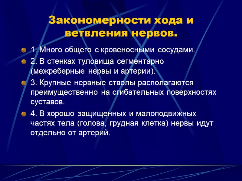 Закономерности хода и ветвления нервов. 1. Много общего с кровеносными сосудами.  2. В